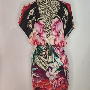 Desigual Pink and Black Mixed-Print V-Neck Top